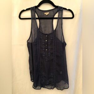 Aerie Navy Blue Sheer Embroidered Tank Top Size Medium
